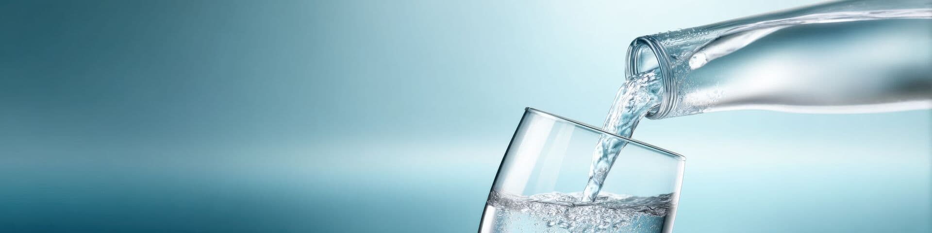 Pure water pouring into glass on blue background