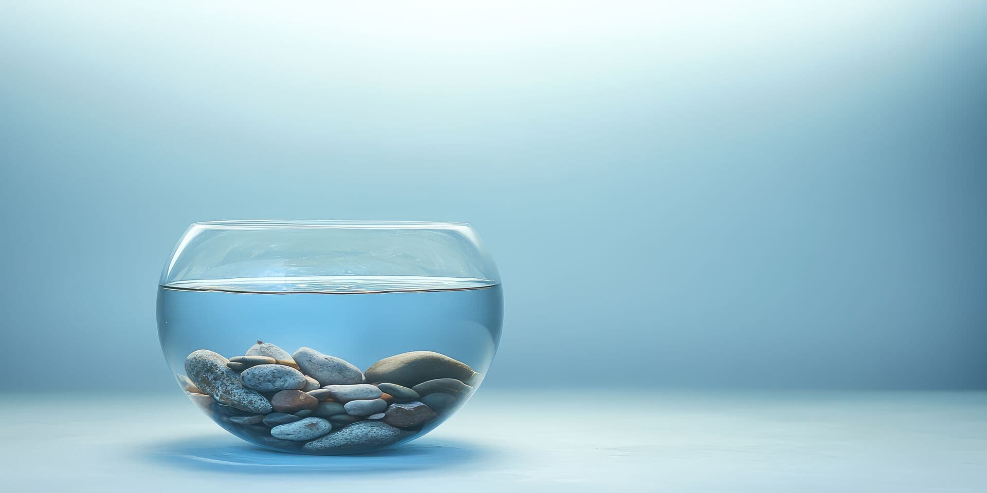 Glass bowl with water and stones representing marine water filtration